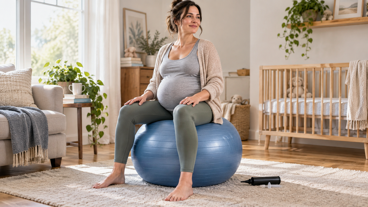 Pregnant woman seated safely on a blue birthing ball at home