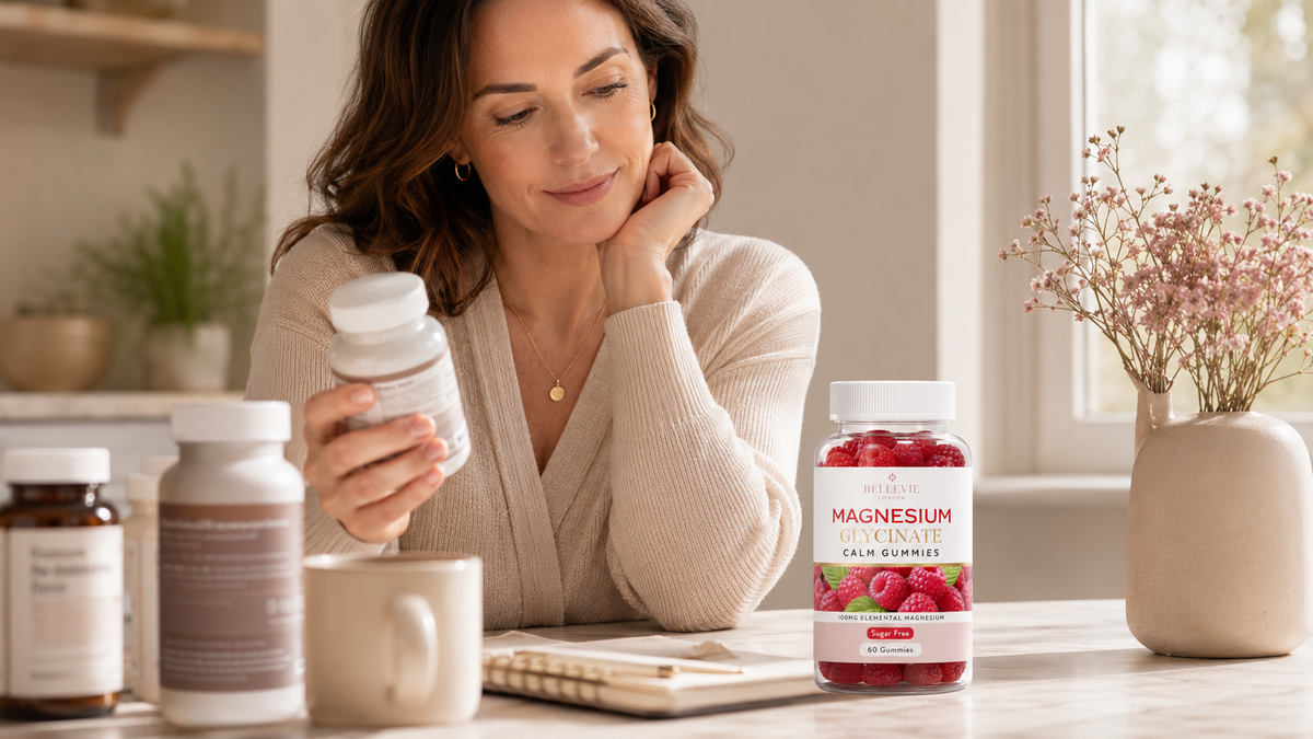 Woman comparing magnesium supplement labels with BelleVie Magnesium Glycinate Calm Gummies