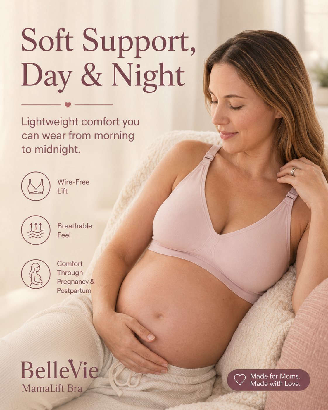 BelleVie MamaLift Nursing Bra - Seamless Maternity Breastfeeding Bra, Non-Wired Padded Support