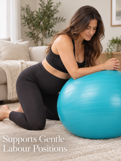 Person leaning on a blue BumpFlow exercise ball in a supported kneeling position
